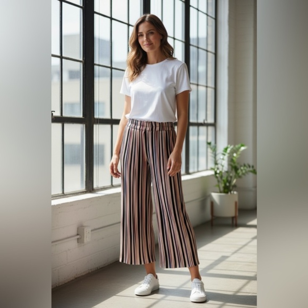 NWT Oscar S Women’s Multi Striped Palazzo Cropped Pants Pull On - Size Large